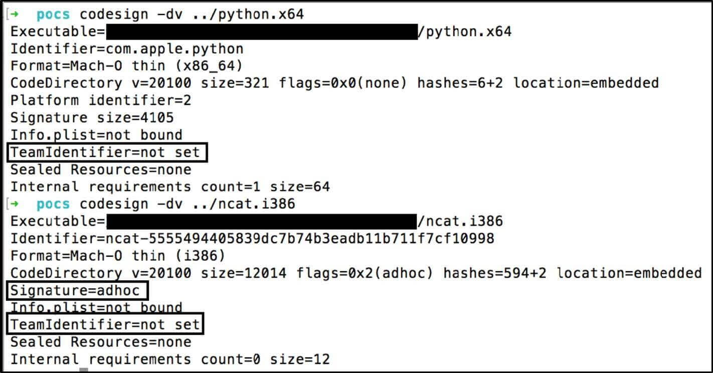 valid Apple signed Mach-O (python.x64) vs an adhoc signed Mach-O (ncat.i386) where both `TeamIdentifier=not set`